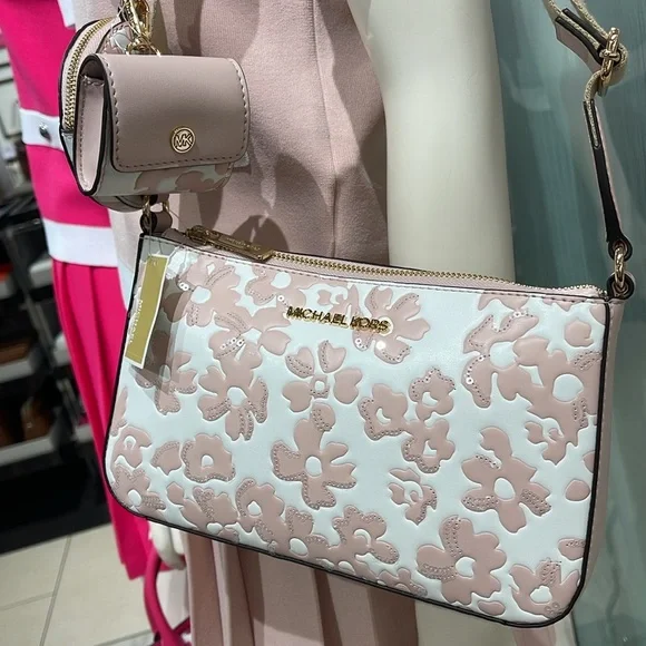 Michael Kors Jet Set Sm Sequined Floral Print Crossbody Case for Apple Airpods P - Picture 11 of 16